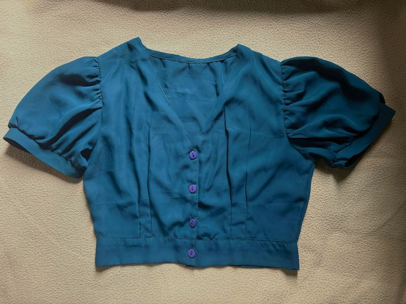 Teal Puff Sleeve Button-Up Crop Top
