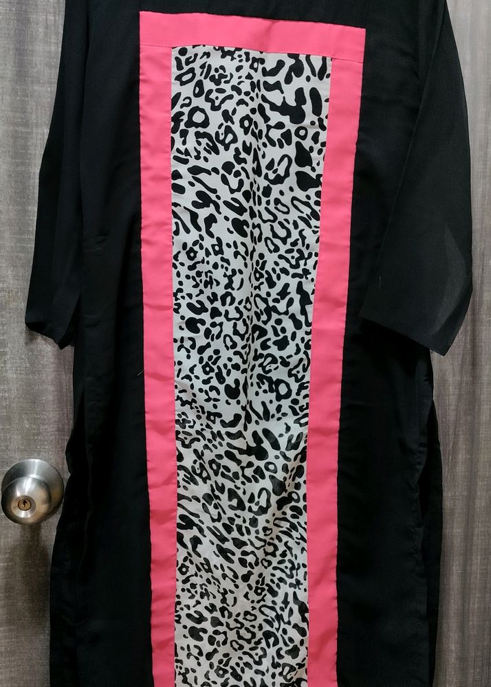 Black Kurta With Hot Pink Stripe/Animal Print