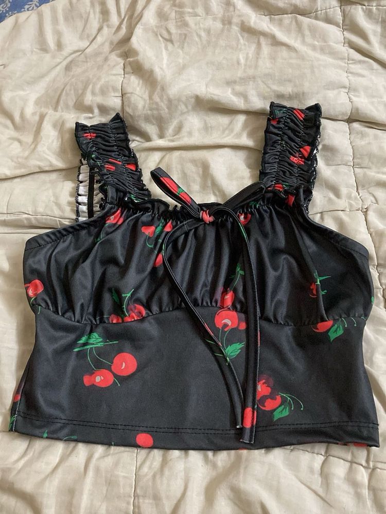 Cherry Print Ruched Crop Top