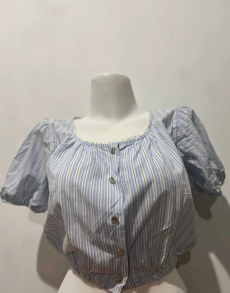 Blue Striped Puff Sleeve Crop Top