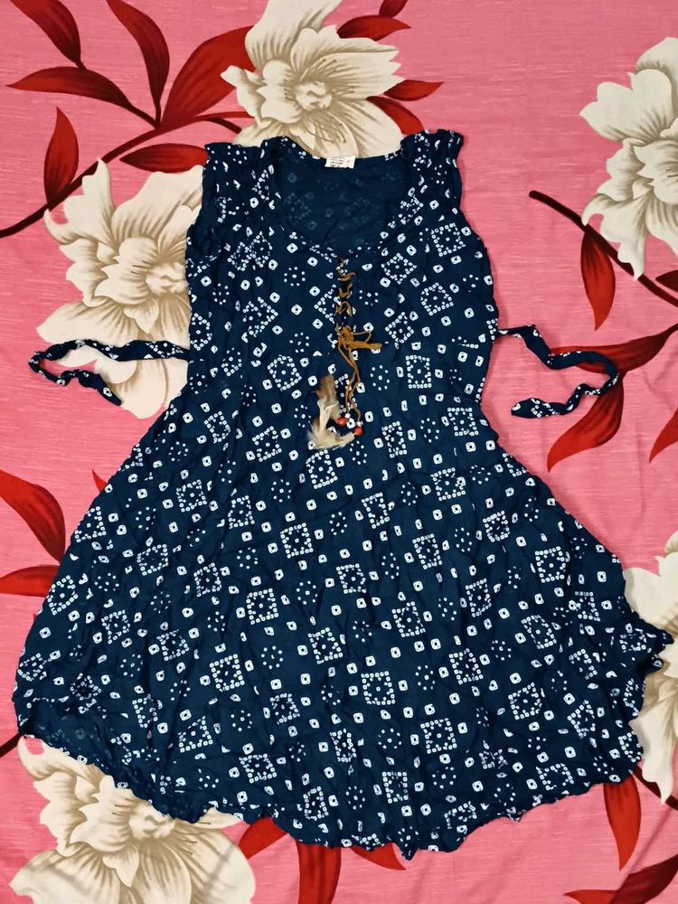 Boho Navy Blue Printed Mini Dress 👗💝