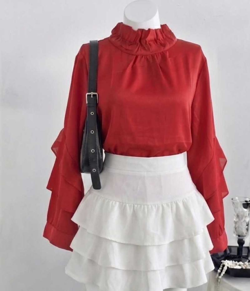 Chic Red Ruffle Sleeve Blouse
