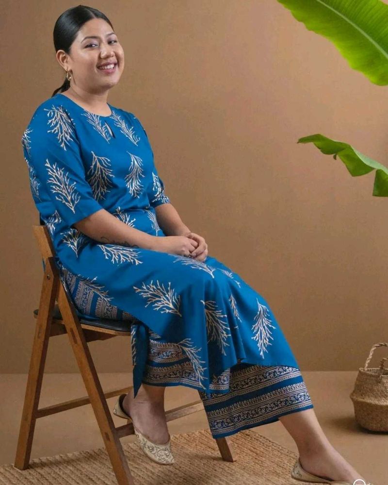 Blue printed Cotton Straight Kurta With Palazzos