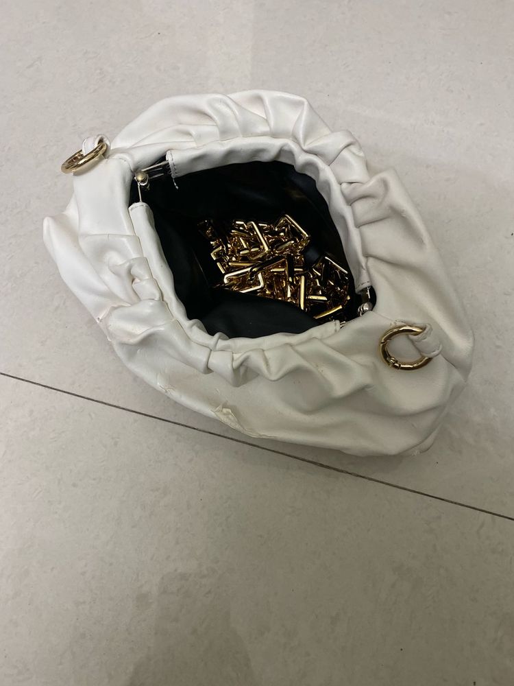 Chic White Ruched Clutch with Gold Chain