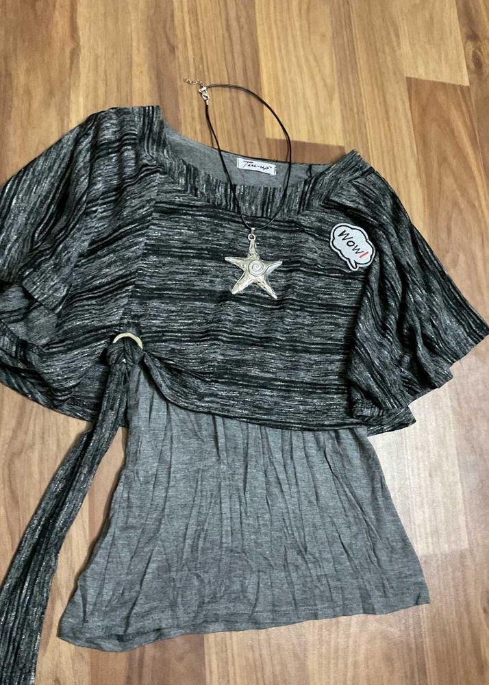 Y2K Grey Wrap style Top with a knot front and cape