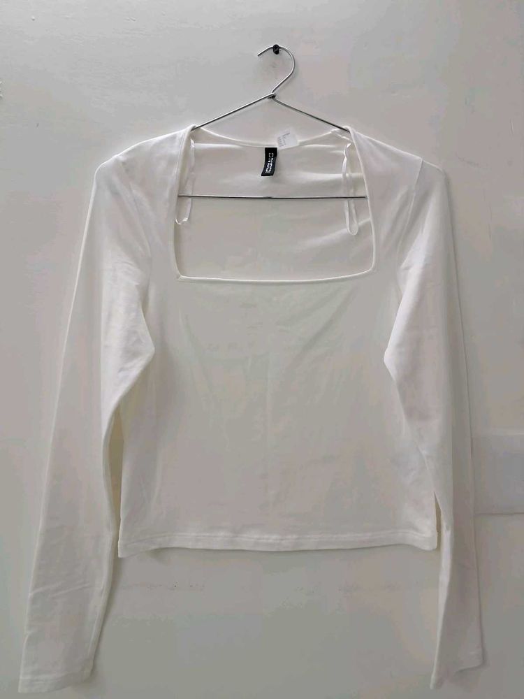 H&amp;M White Square Neck Long Sleeve Top