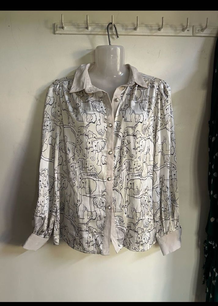 Elephant Print Button-Up Blouse