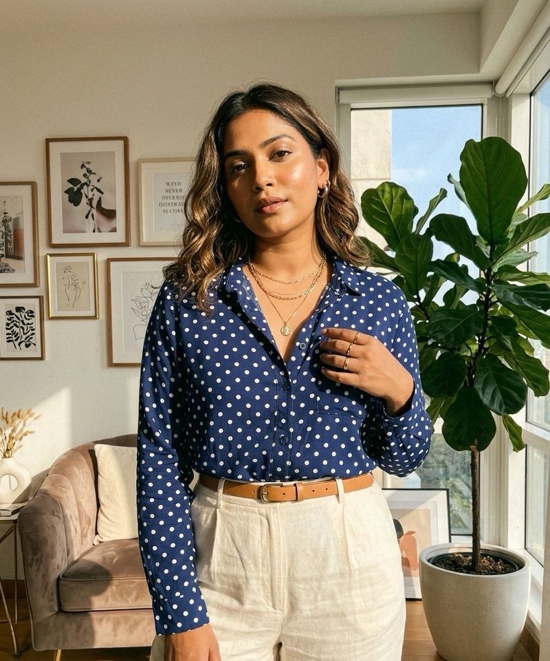 H&amp;M Navy Polka Dot Button-Up Shirt