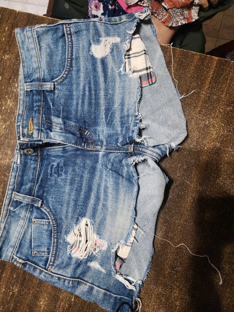 sale !!! Distressed Denim Shorts with Plaid Detail
