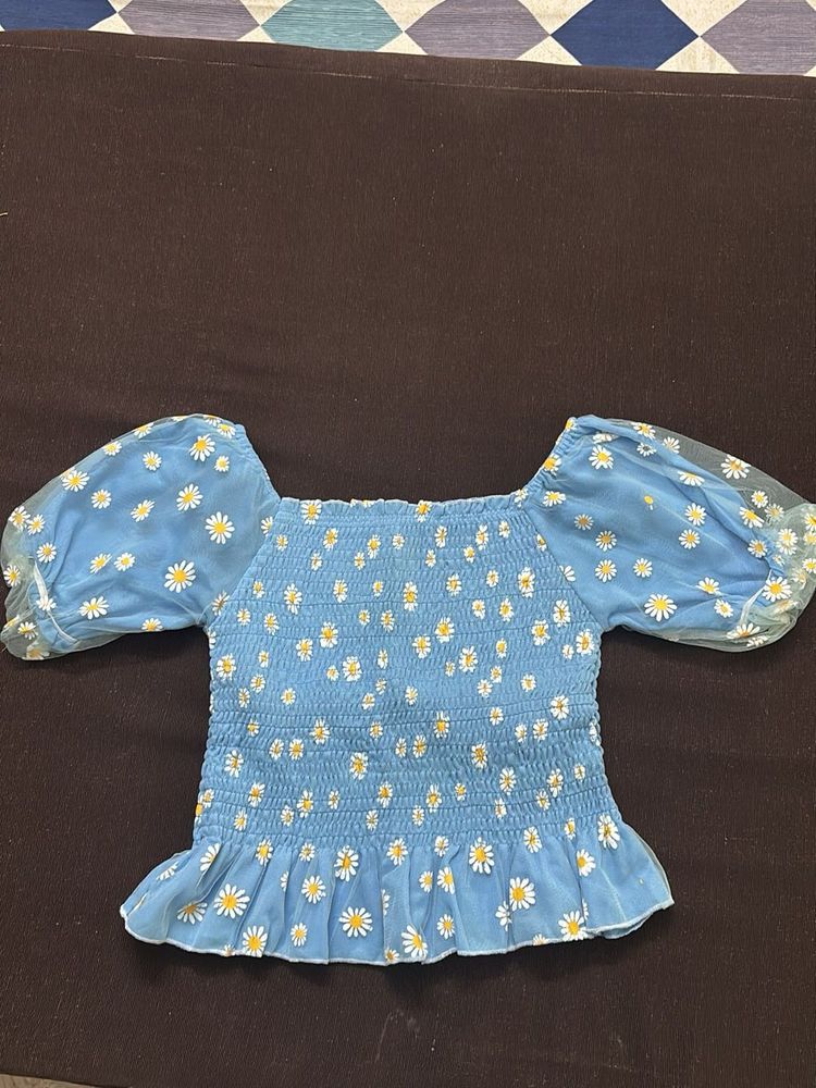 Blue Daisy Smocked Puff Sleeve Top