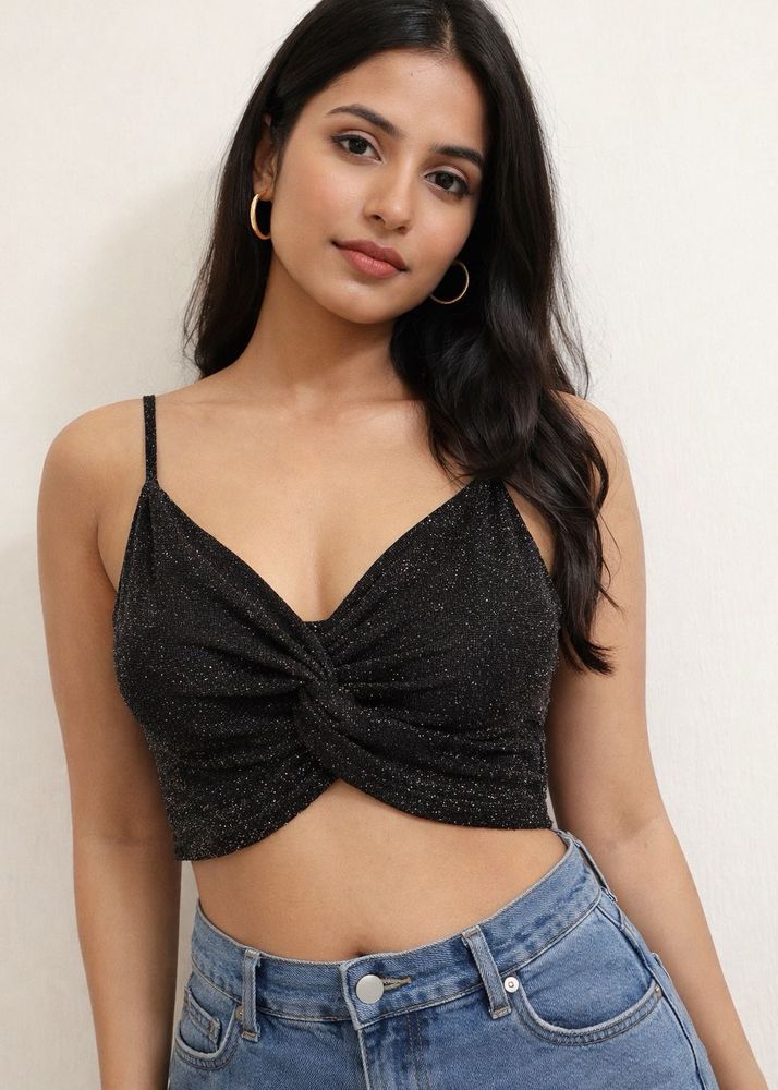 Sparkling Black Twist Front Crop Top