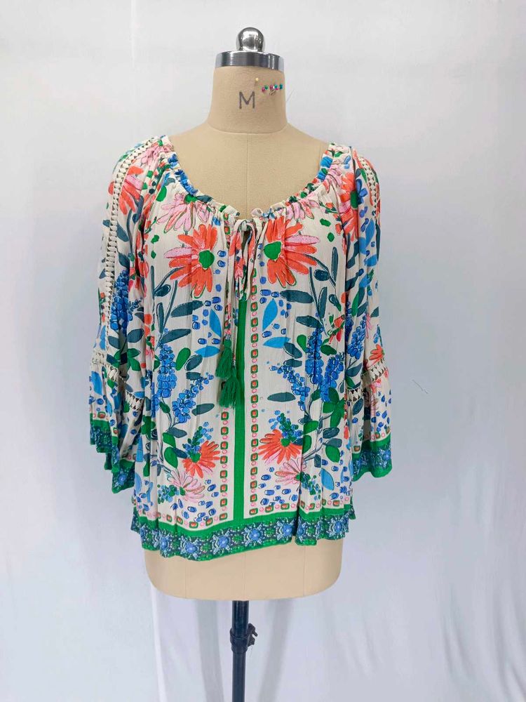 Boho Floral Print Blouse with Tassels