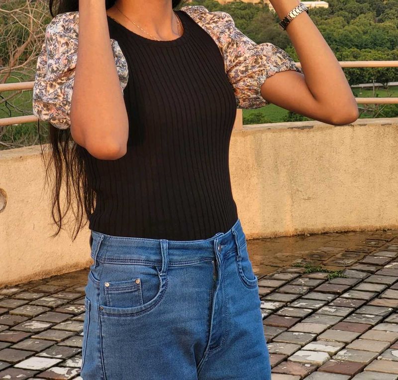 Floral Sleeve Ribbed Top