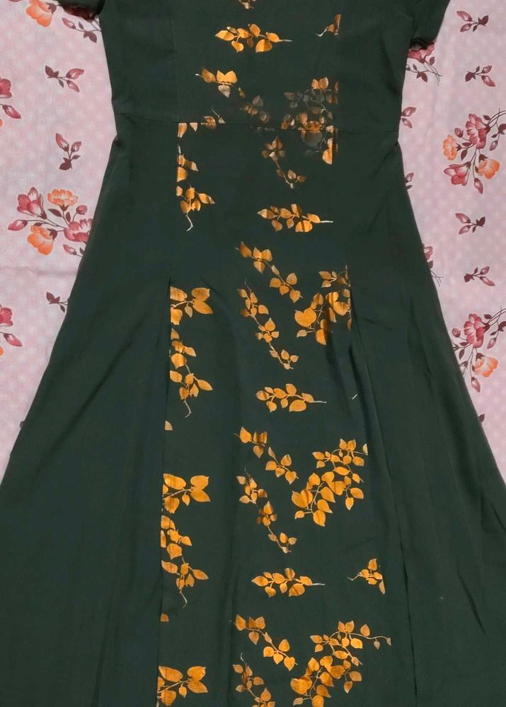 Golden Leaf Print Midi Dress