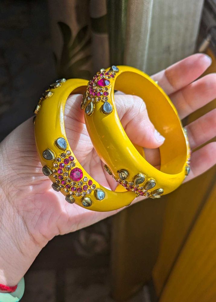 Beautiful Yellow Bangles with Stone Work