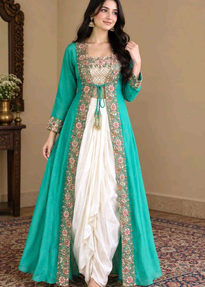new Elegant Teal Embroidered Three piece set