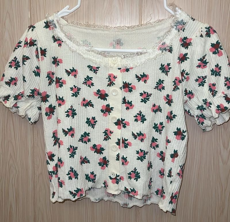 Floral Print Cropped Puff Sleeve Top