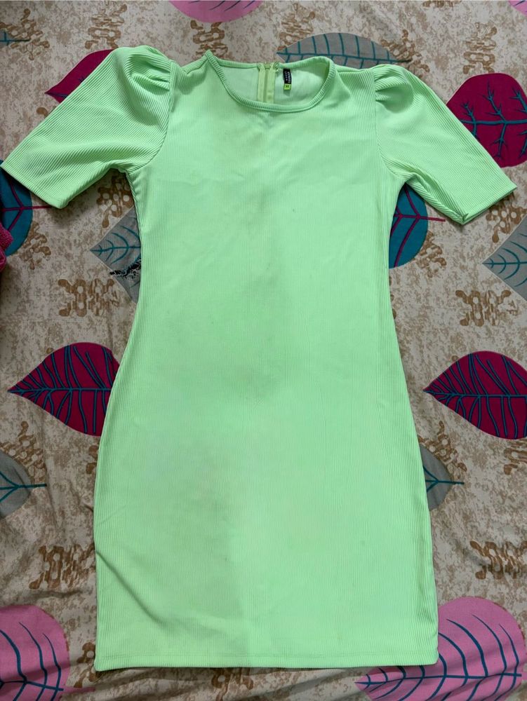 Neon Green Puff Sleeve Bodycon Dress