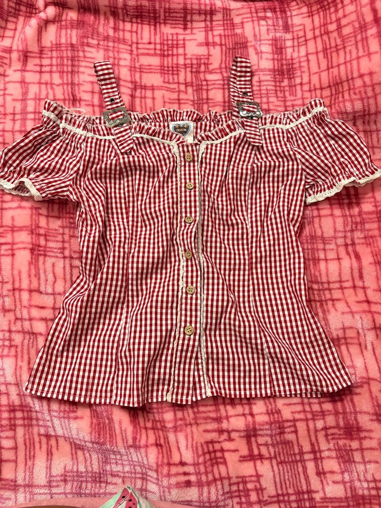Cute Red Gingham Cold Shoulder Top