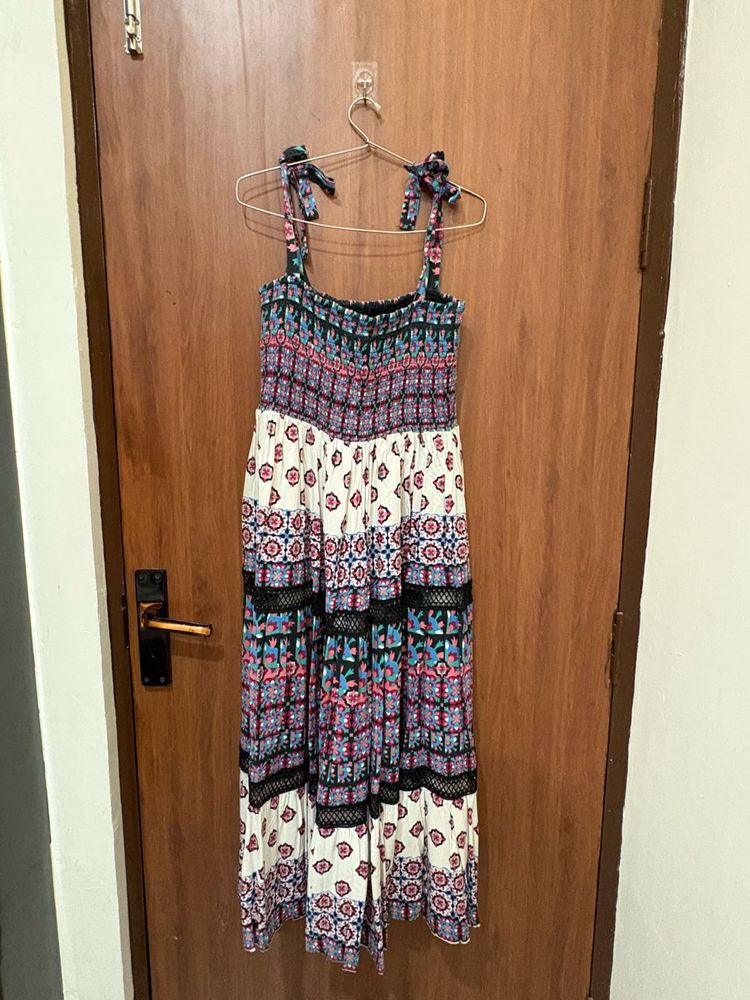 Boho Printed Tiered Maxi Dress with Smocked Bodice