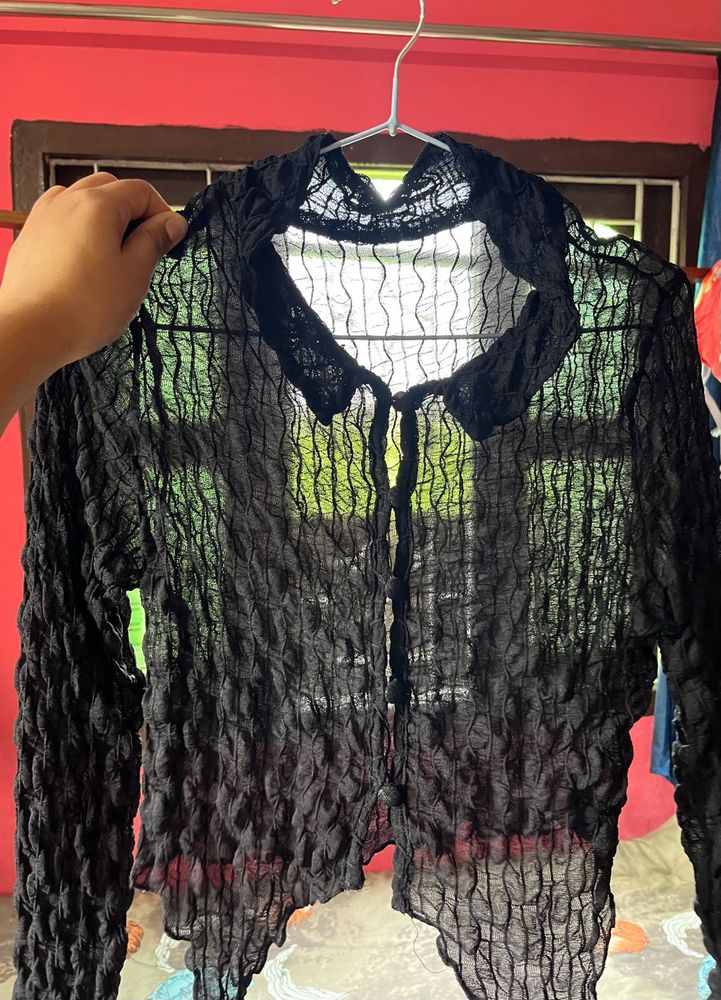Sheer Textured Button-Up Blouse with no defects