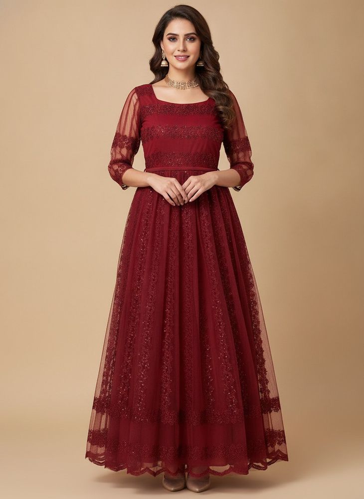 Maroon Ethnic Gown with Lace New Without Tag.