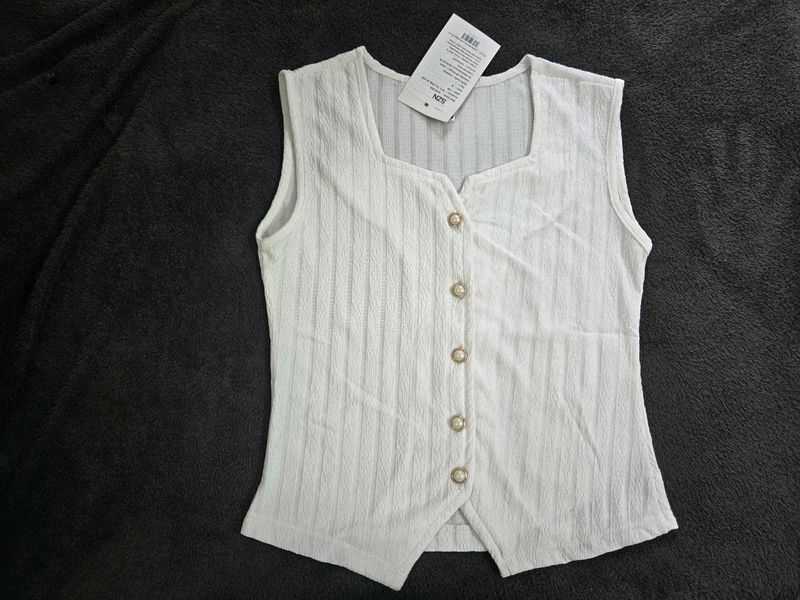 White Sleeveless Square Neck Button-Up Top bust36
