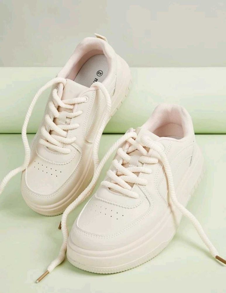 Cream Lace-Up Platform Sneakers