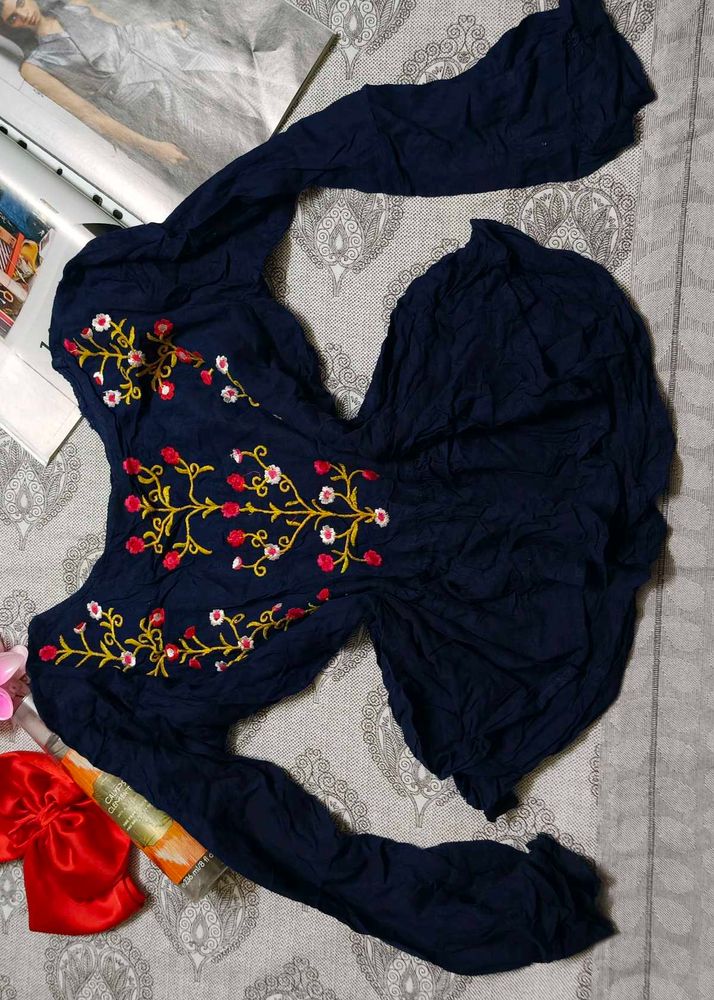 Embroidered Navy Blue Kurta