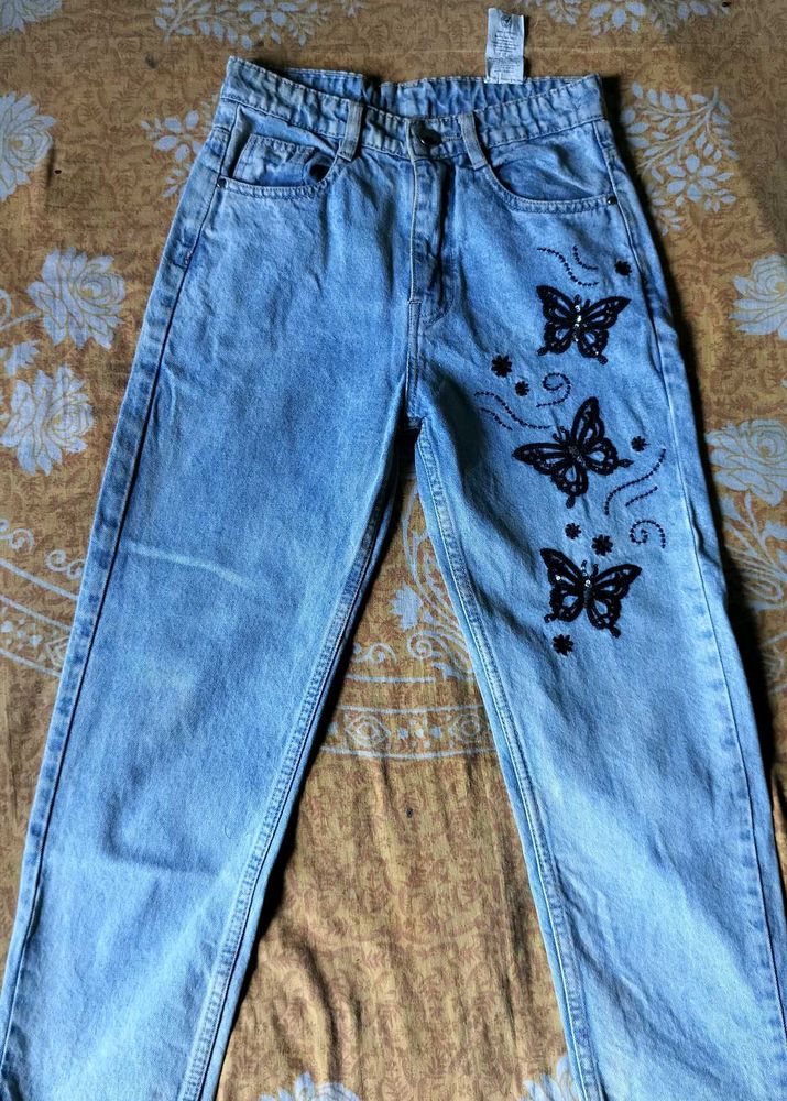 Light Wash Butterfly Embellished Jeans