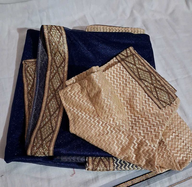 Elegant Navy &amp; Gold Saree With Stitched Blouse