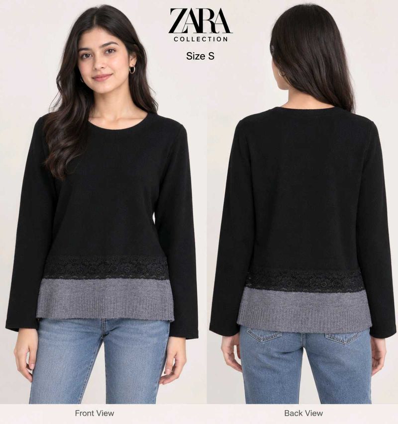 Zara Black Lace Trim Long Sleeve Top