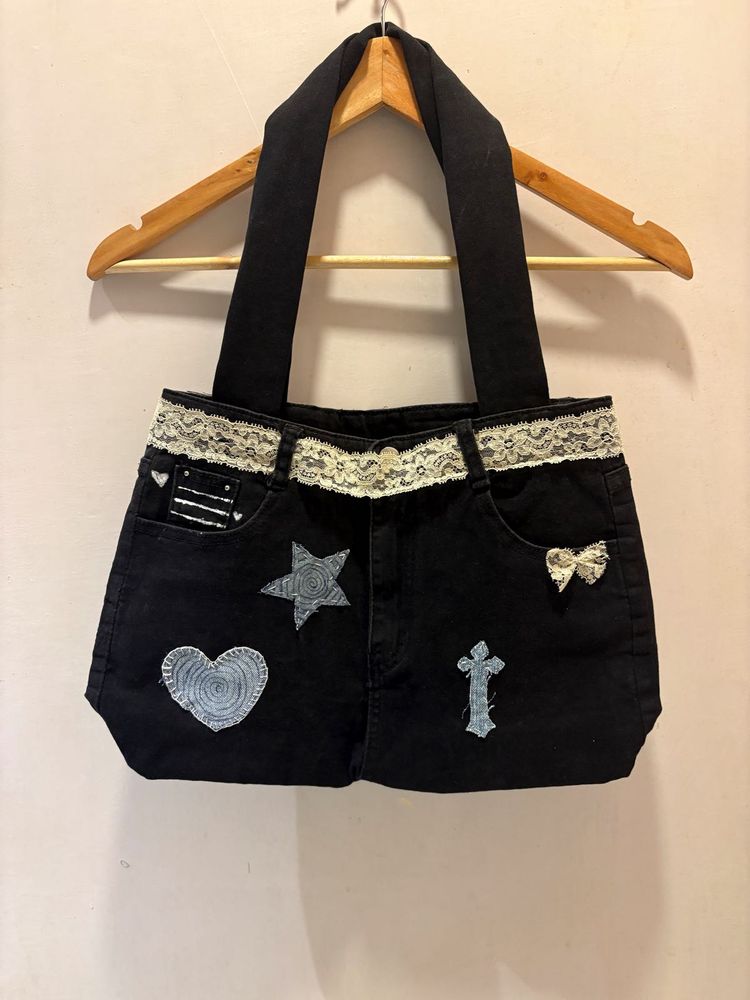 Unique Black Denim Tote Bag