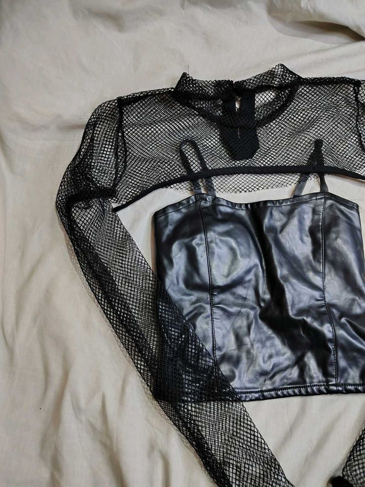 SALE Black Mesh Long Sleeve with leather Top