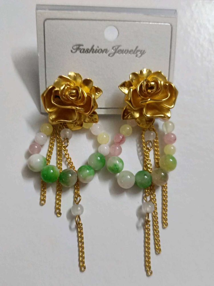 Gold Rose Beaded Dangle Earrings