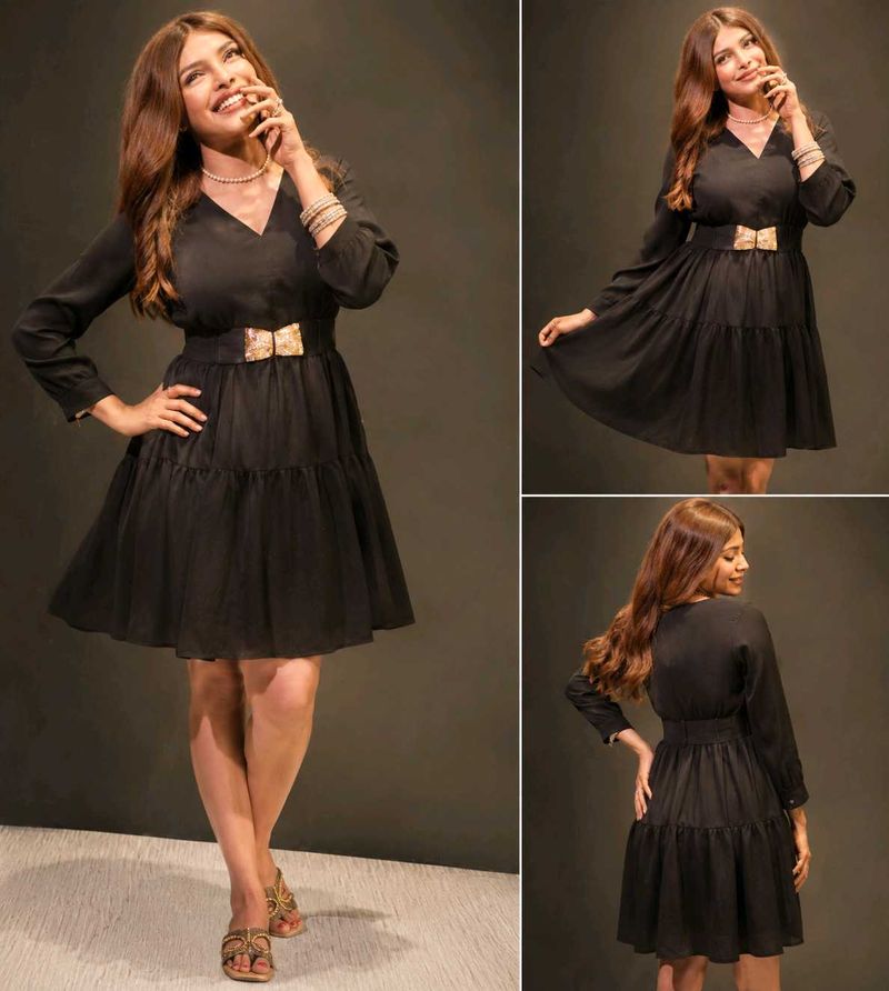 Chic Black Tiered U-Neck Dress with front zip