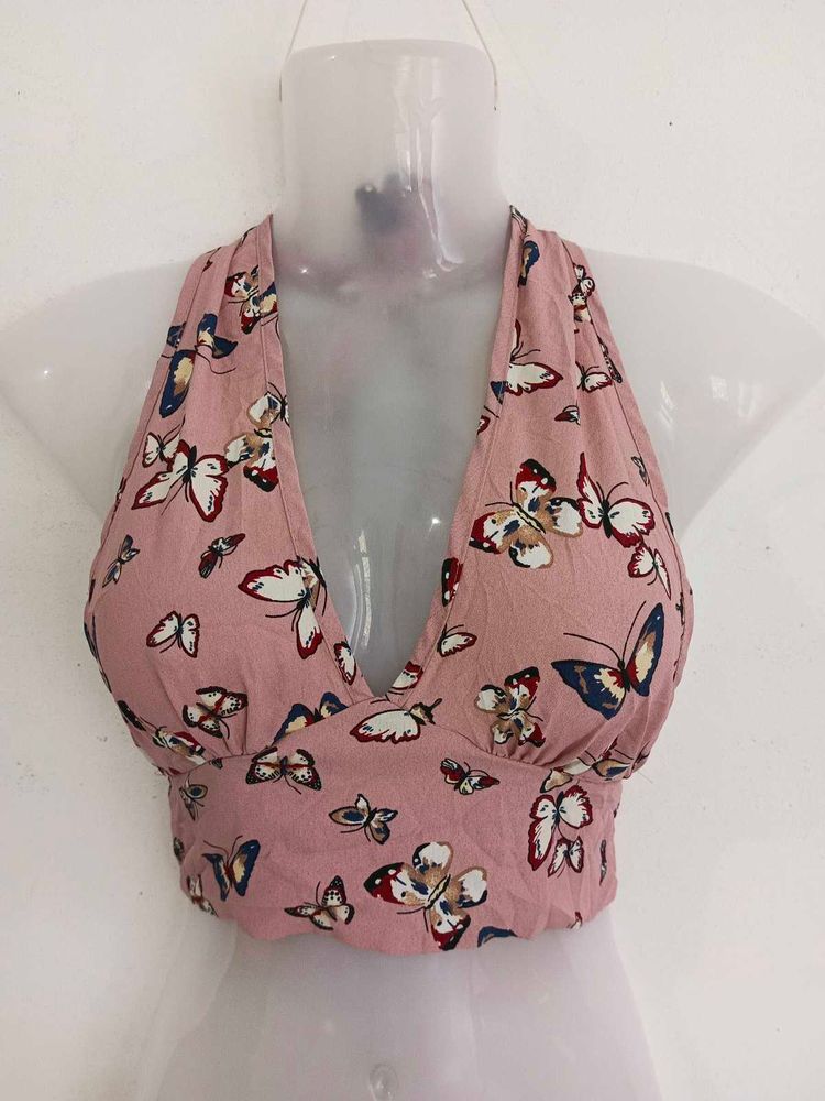 Pink Butterfly Print Halter Top