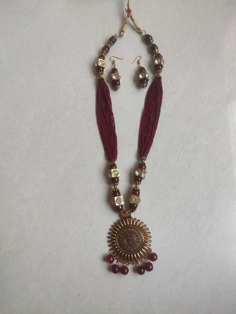 Maroon Beaded Necklace with Earrings