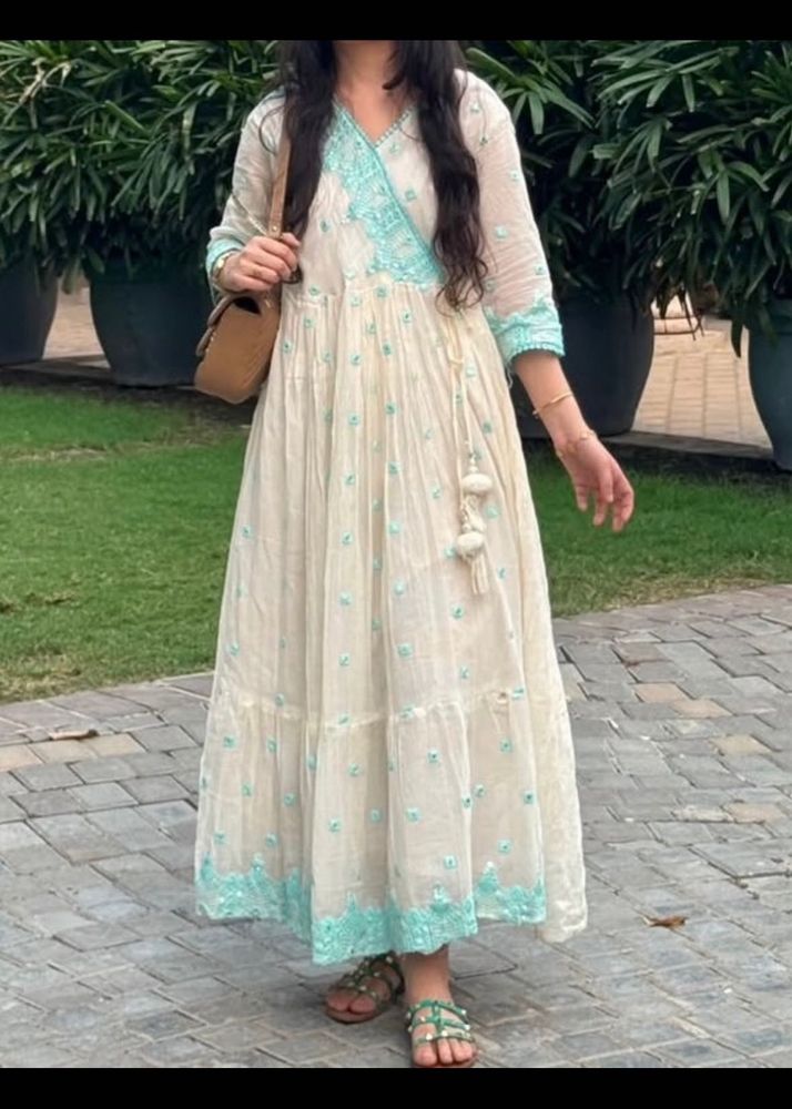 Cream Anarkali Kurta with Blue Embroidery