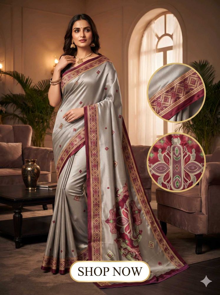 Elegant Grey Silk Saree with Maroon Border