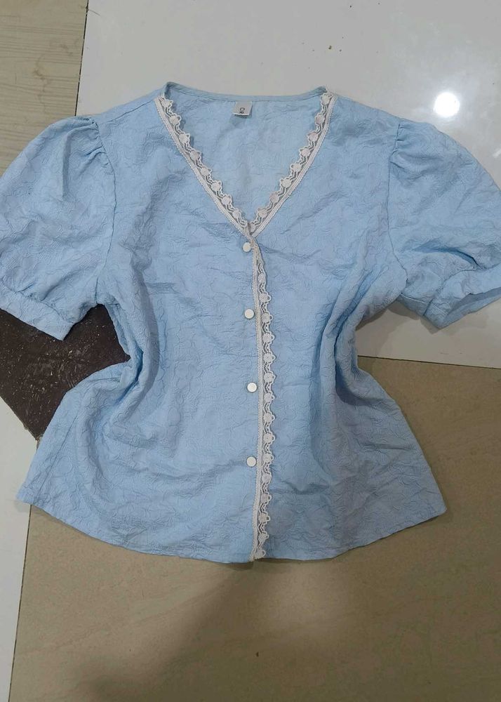 Light Blue Lace Trim V-Neck Blouse