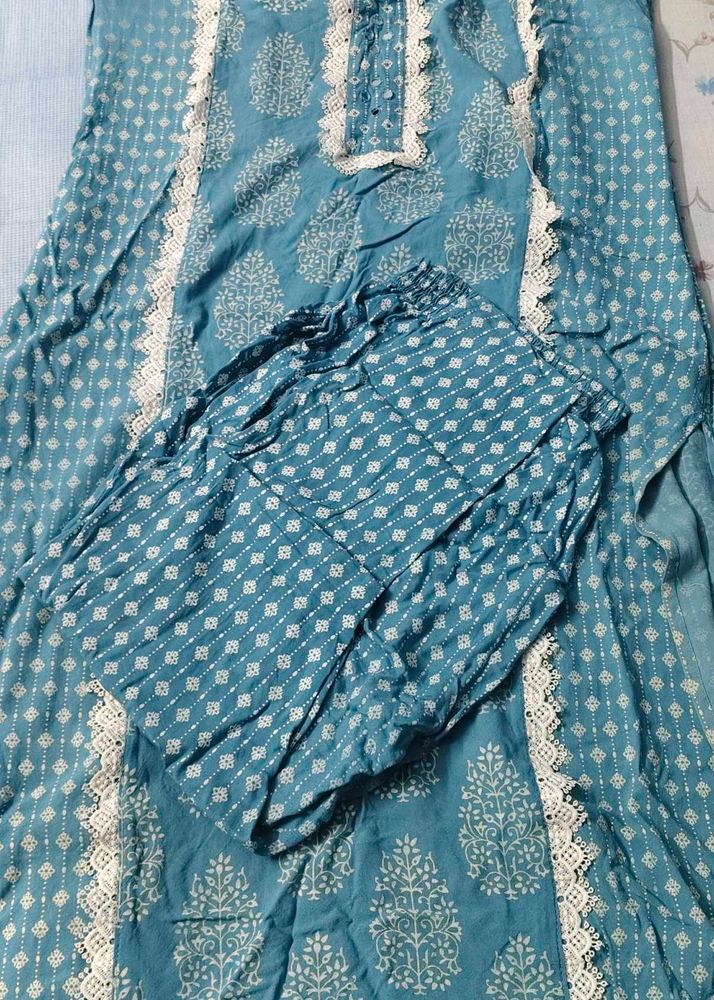 Teal Printed Kurta Set with Lace pure cotton 100%