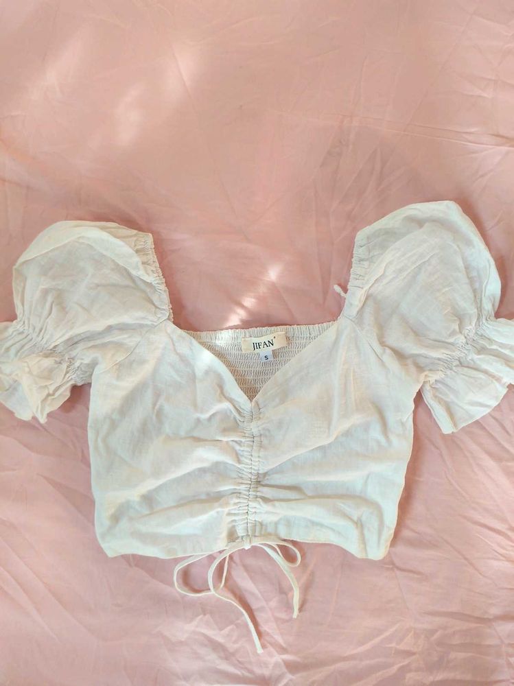 White Ruched Puff Sleeve Crop Top
