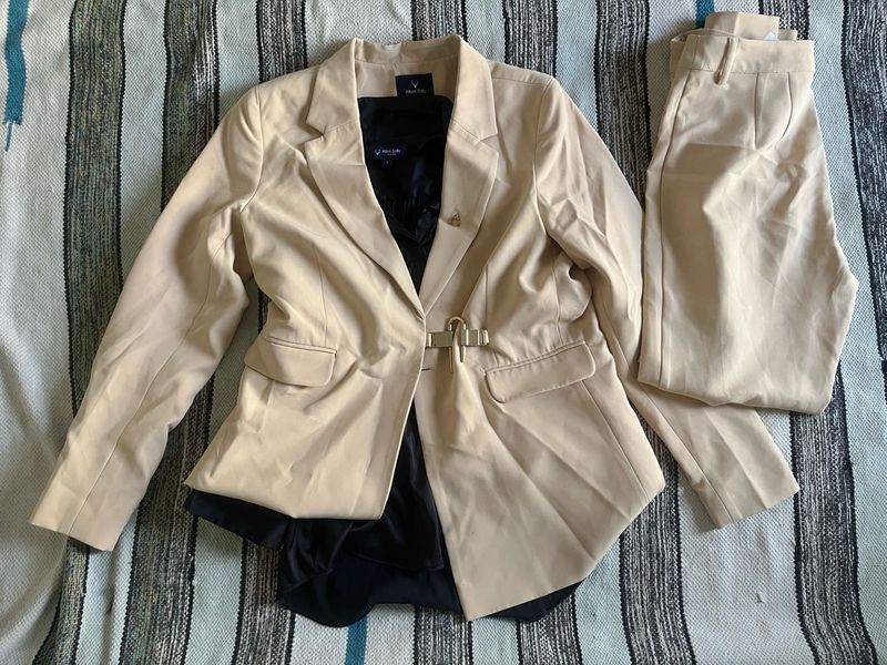 Women's Beige Blazer, Shirt and Pants Set