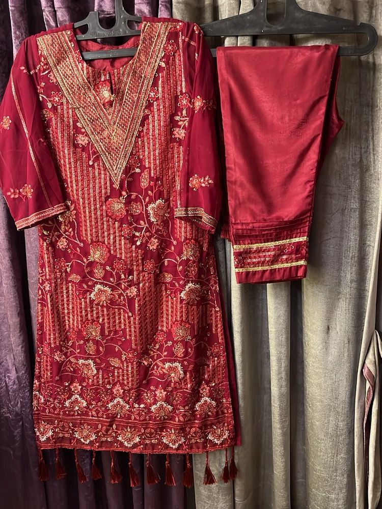 Red Embroidered Kurta Pant Set