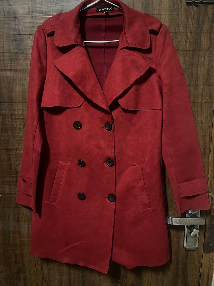 Stylish Red Suede Trench Coat