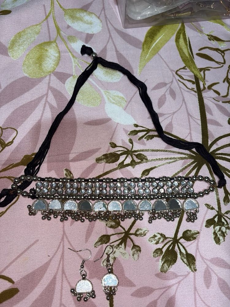 Oxidized Silver Mirror Work Choker Set