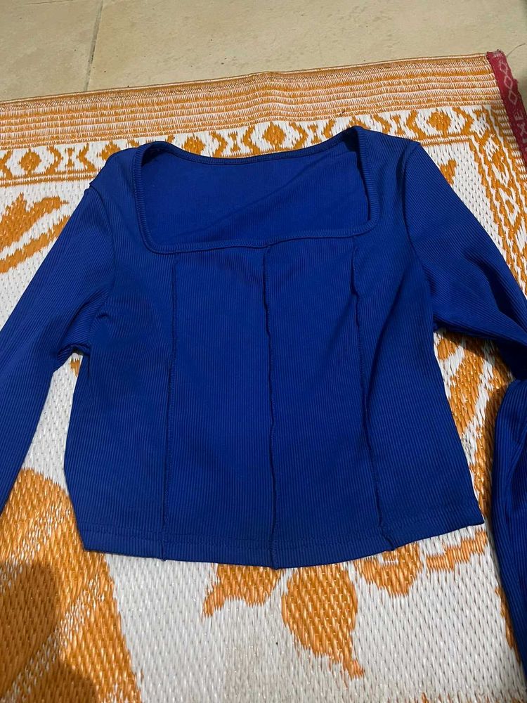 Urbanic Royal Blue Ribbed Square Neck Top