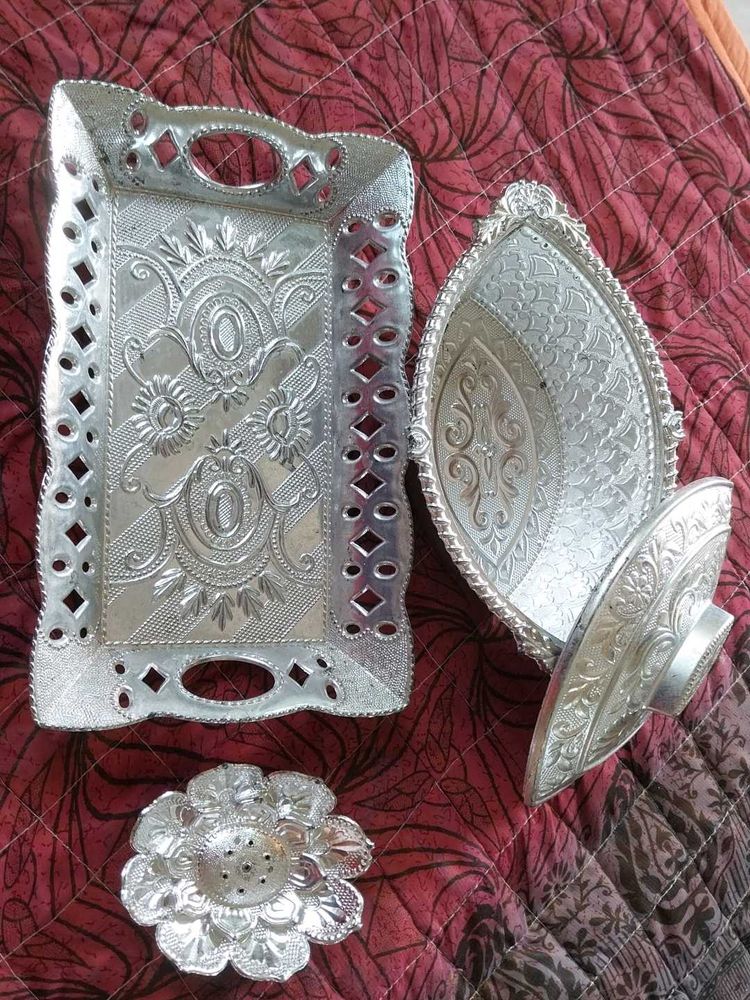 Decorative Silver Trays &amp; Bowl Set