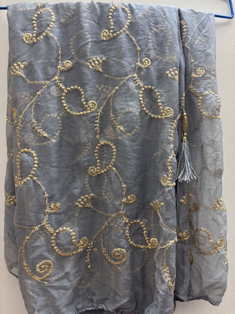 Elegant Grey Embroidered Dupatta